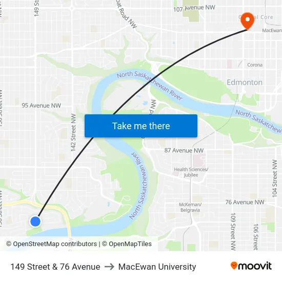 149 Street & 76 Avenue to MacEwan University map