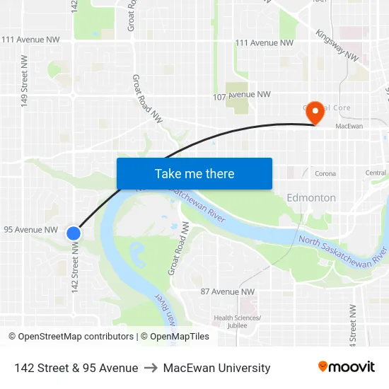 142 Street & 95 Avenue to MacEwan University map