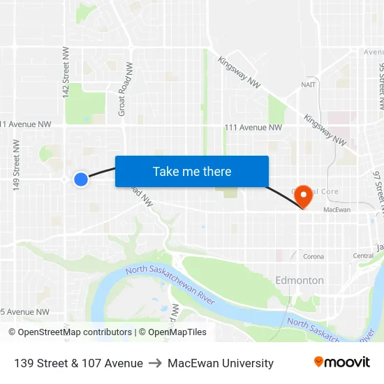 139 Street & 107 Avenue to MacEwan University map