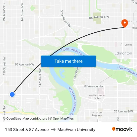 153 Street & 87 Avenue to MacEwan University map