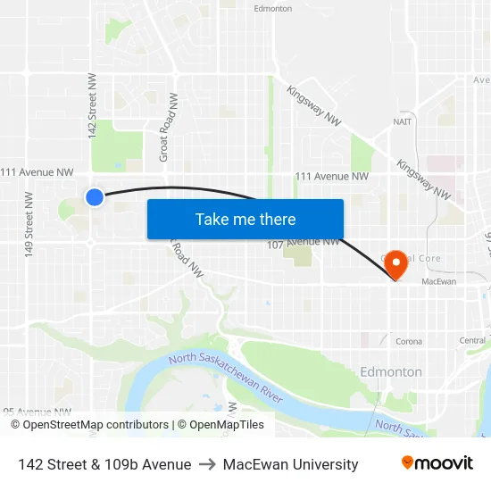 142 Street & 109b Avenue to MacEwan University map