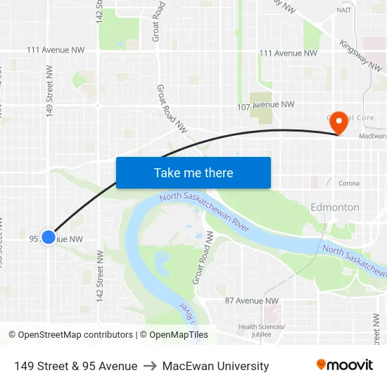 149 Street & 95 Avenue to MacEwan University map