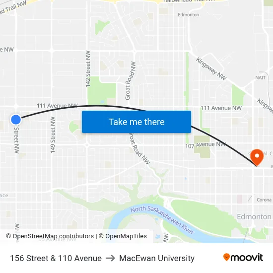 156 Street & 110 Avenue to MacEwan University map