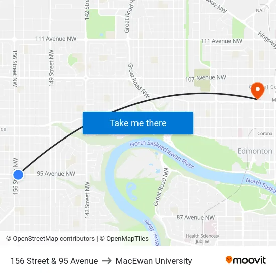 156 Street & 95 Avenue to MacEwan University map