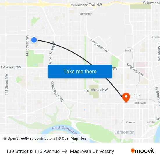 139 Street & 116 Avenue to MacEwan University map