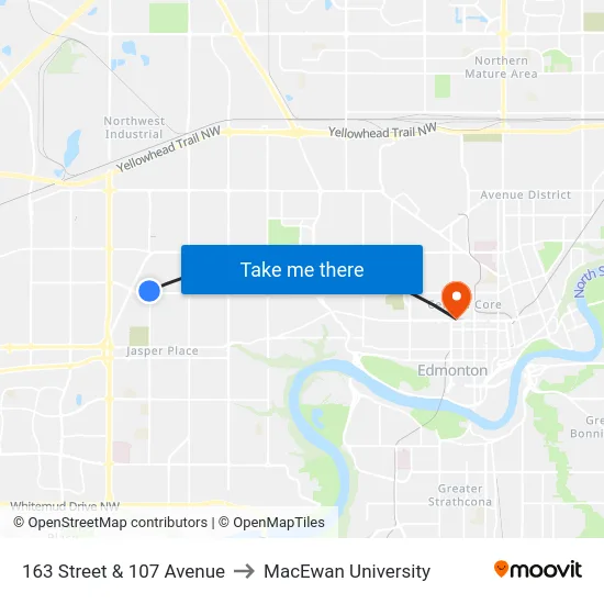 163 Street & 107 Avenue to MacEwan University map