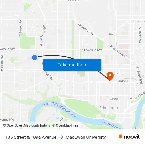 135 Street & 109a Avenue to MacEwan University map