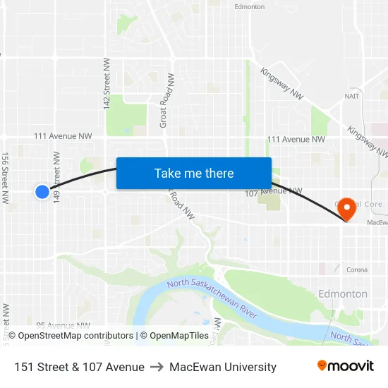 151 Street & 107 Avenue to MacEwan University map