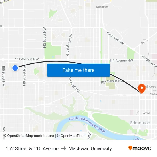 152 Street & 110 Avenue to MacEwan University map