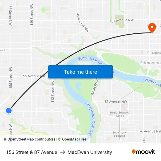156 Street & 87 Avenue to MacEwan University map