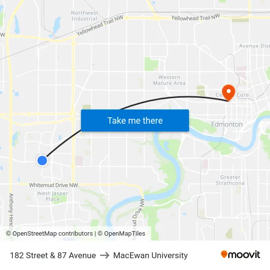 182 Street & 87 Avenue to MacEwan University map