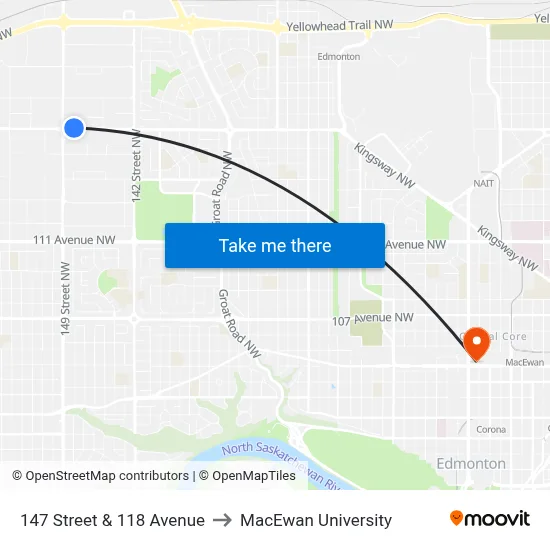 147 Street & 118 Avenue to MacEwan University map