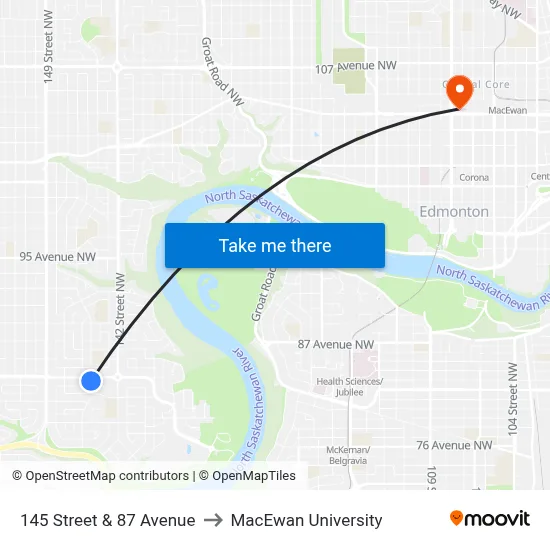 145 Street & 87 Avenue to MacEwan University map