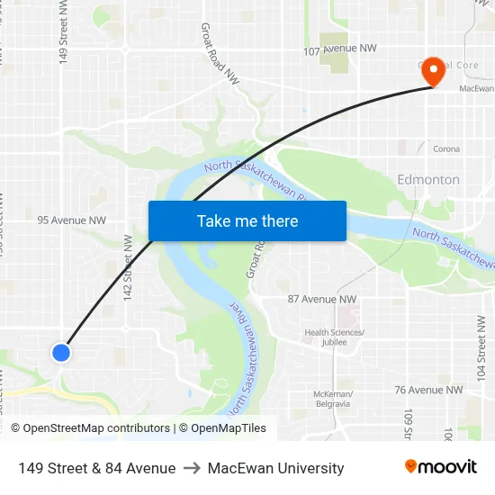 149 Street & 84 Avenue to MacEwan University map