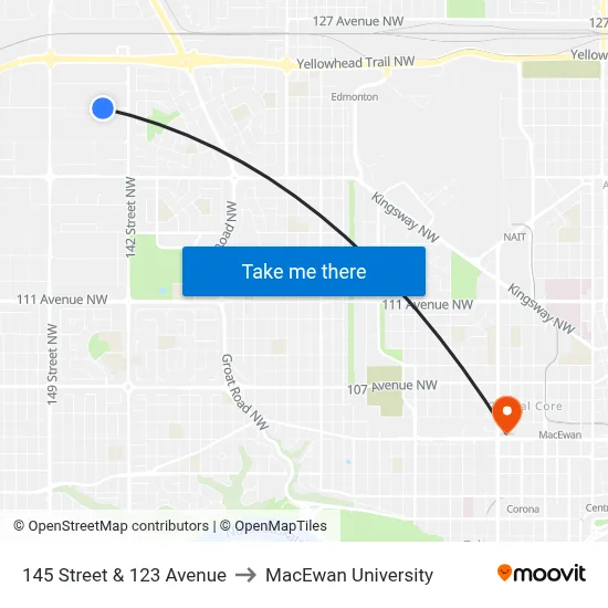 145 Street & 123 Avenue to MacEwan University map