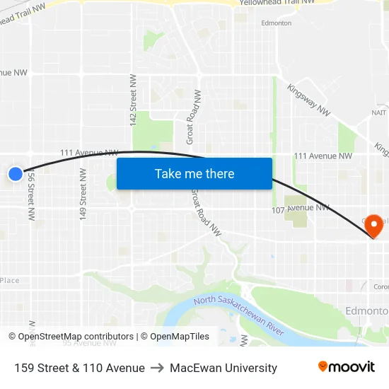 159 Street & 110 Avenue to MacEwan University map