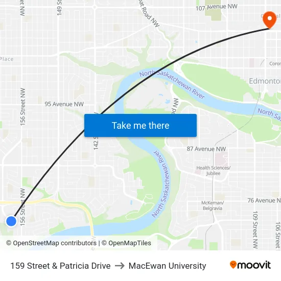 159 Street & Patricia Drive to MacEwan University map