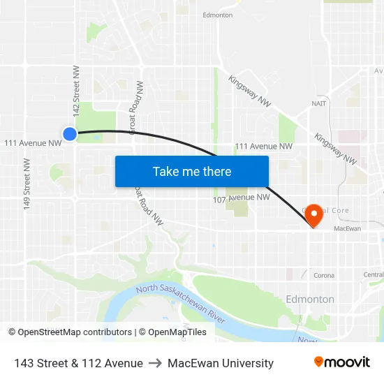 143 Street & 112 Avenue to MacEwan University map