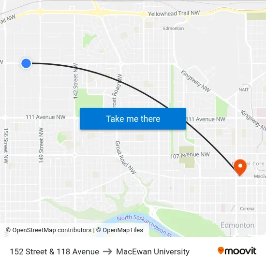 152 Street & 118 Avenue to MacEwan University map