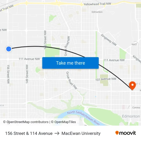 156 Street & 114 Avenue to MacEwan University map