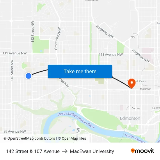 142 Street & 107 Avenue to MacEwan University map