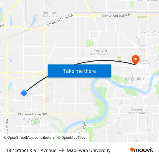 182 Street & 91 Avenue to MacEwan University map