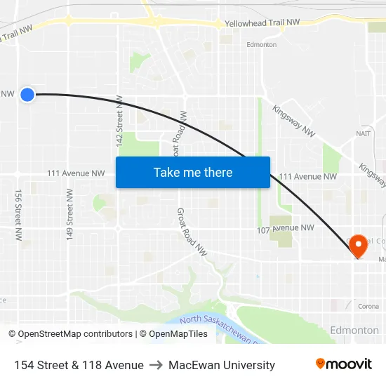 154 Street & 118 Avenue to MacEwan University map
