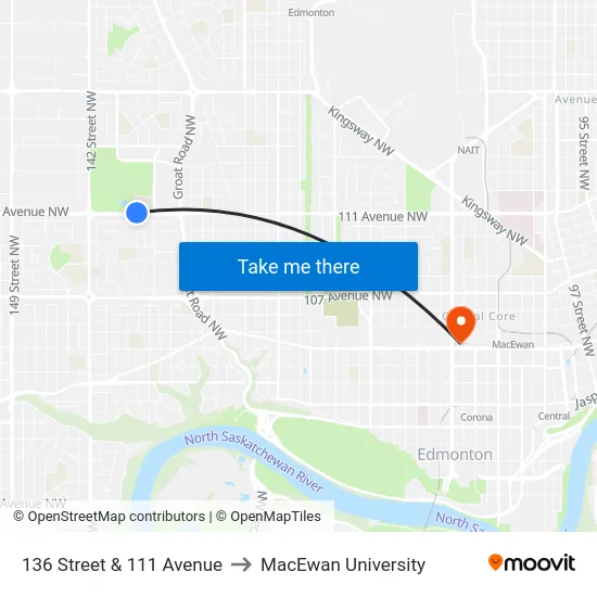 136 Street & 111 Avenue to MacEwan University map