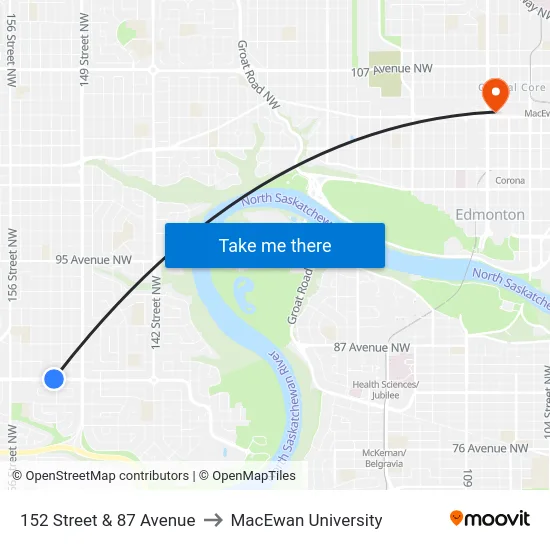 152 Street & 87 Avenue to MacEwan University map