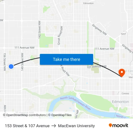 153 Street & 107 Avenue to MacEwan University map