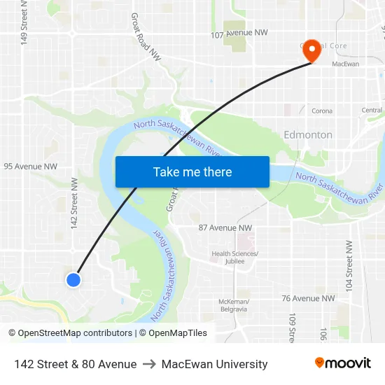 142 Street & 80 Avenue to MacEwan University map