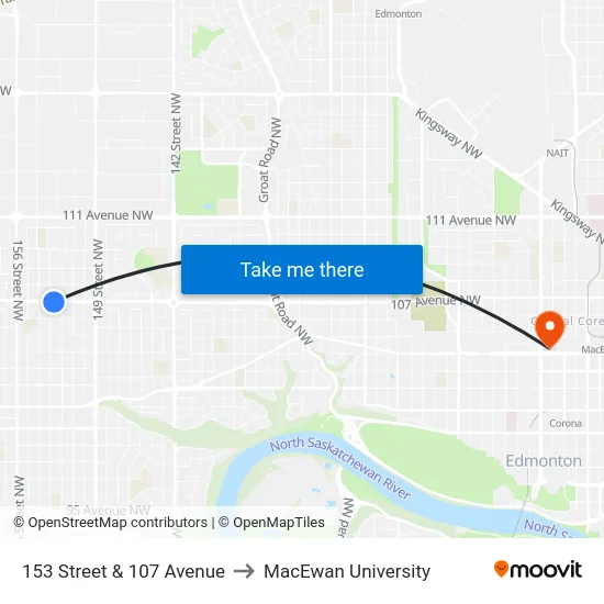 153 Street & 107 Avenue to MacEwan University map