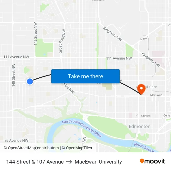 144 Street & 107 Avenue to MacEwan University map