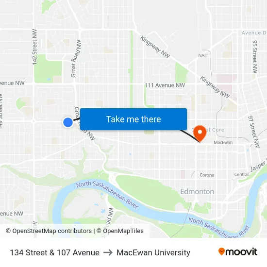 134 Street & 107 Avenue to MacEwan University map