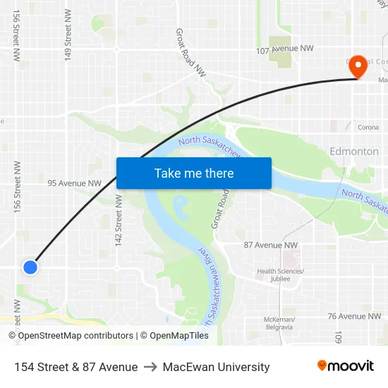 154 Street & 87 Avenue to MacEwan University map