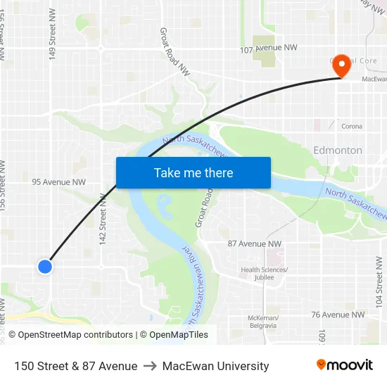 150 Street & 87 Avenue to MacEwan University map