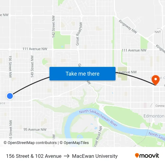 156 Street & 102 Avenue to MacEwan University map