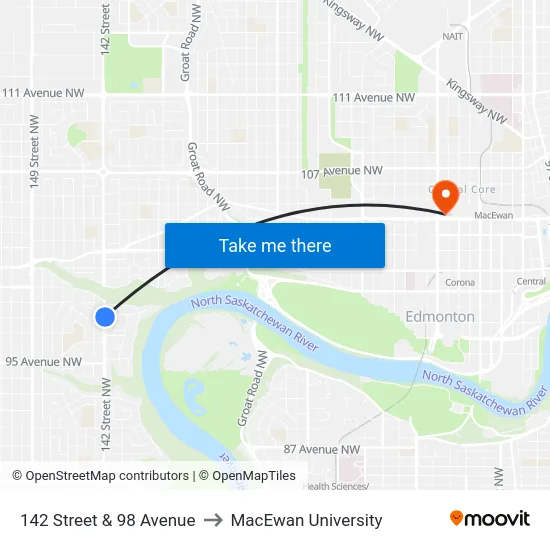 142 Street & 98 Avenue to MacEwan University map