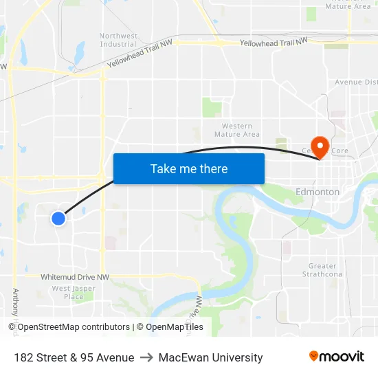 182 Street & 95 Avenue to MacEwan University map
