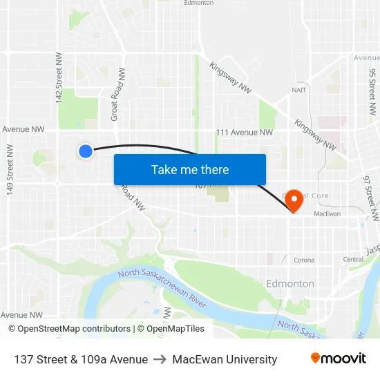 137 Street & 109a Avenue to MacEwan University map