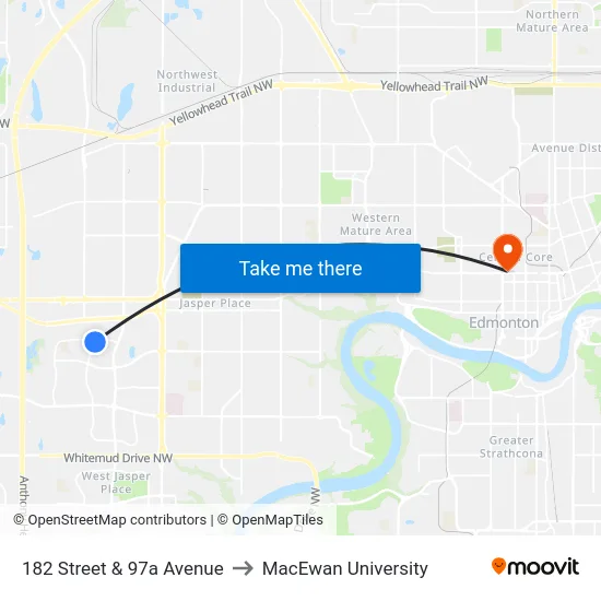 182 Street & 97a Avenue to MacEwan University map