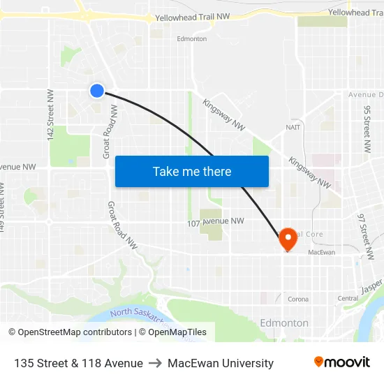 135 Street & 118 Avenue to MacEwan University map