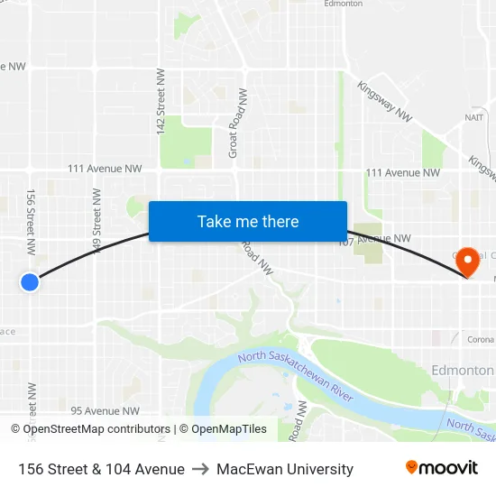 156 Street & 104 Avenue to MacEwan University map