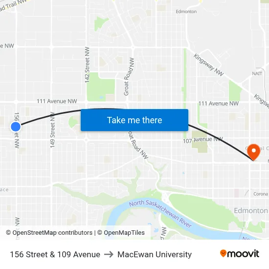 156 Street & 109 Avenue to MacEwan University map