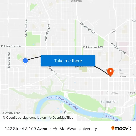 142 Street & 109 Avenue to MacEwan University map