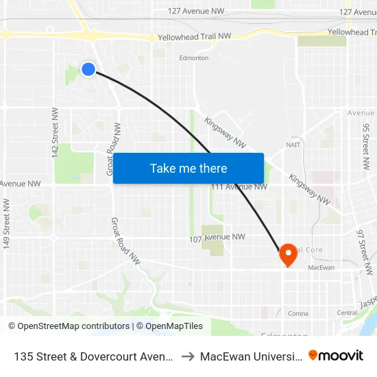 135 Street & Dovercourt Avenue to MacEwan University map