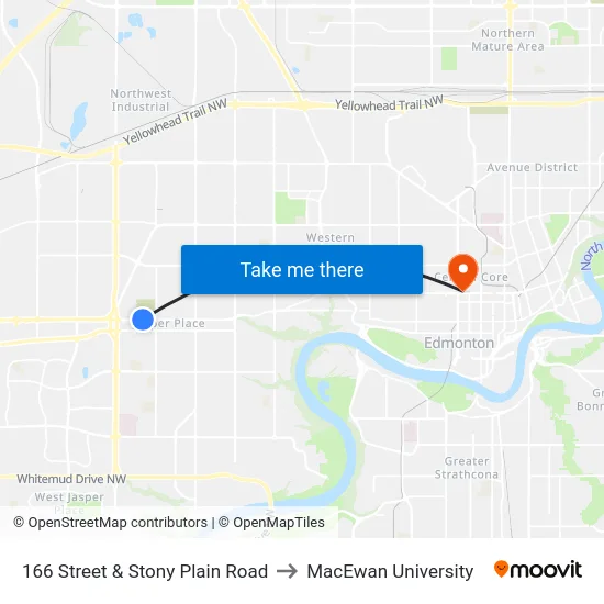 166 Street & Stony Plain Road to MacEwan University map