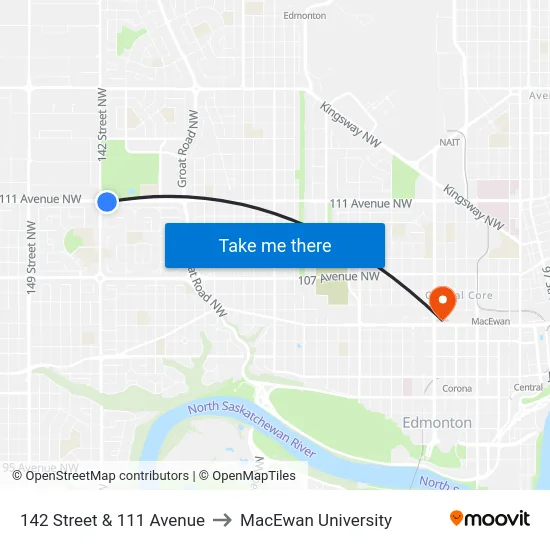 142 Street & 111 Avenue to MacEwan University map