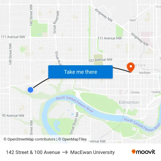 142 Street & 100 Avenue to MacEwan University map