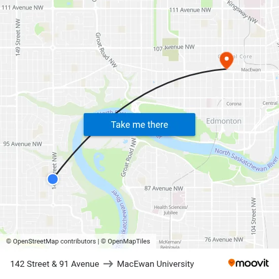 142 Street & 91 Avenue to MacEwan University map